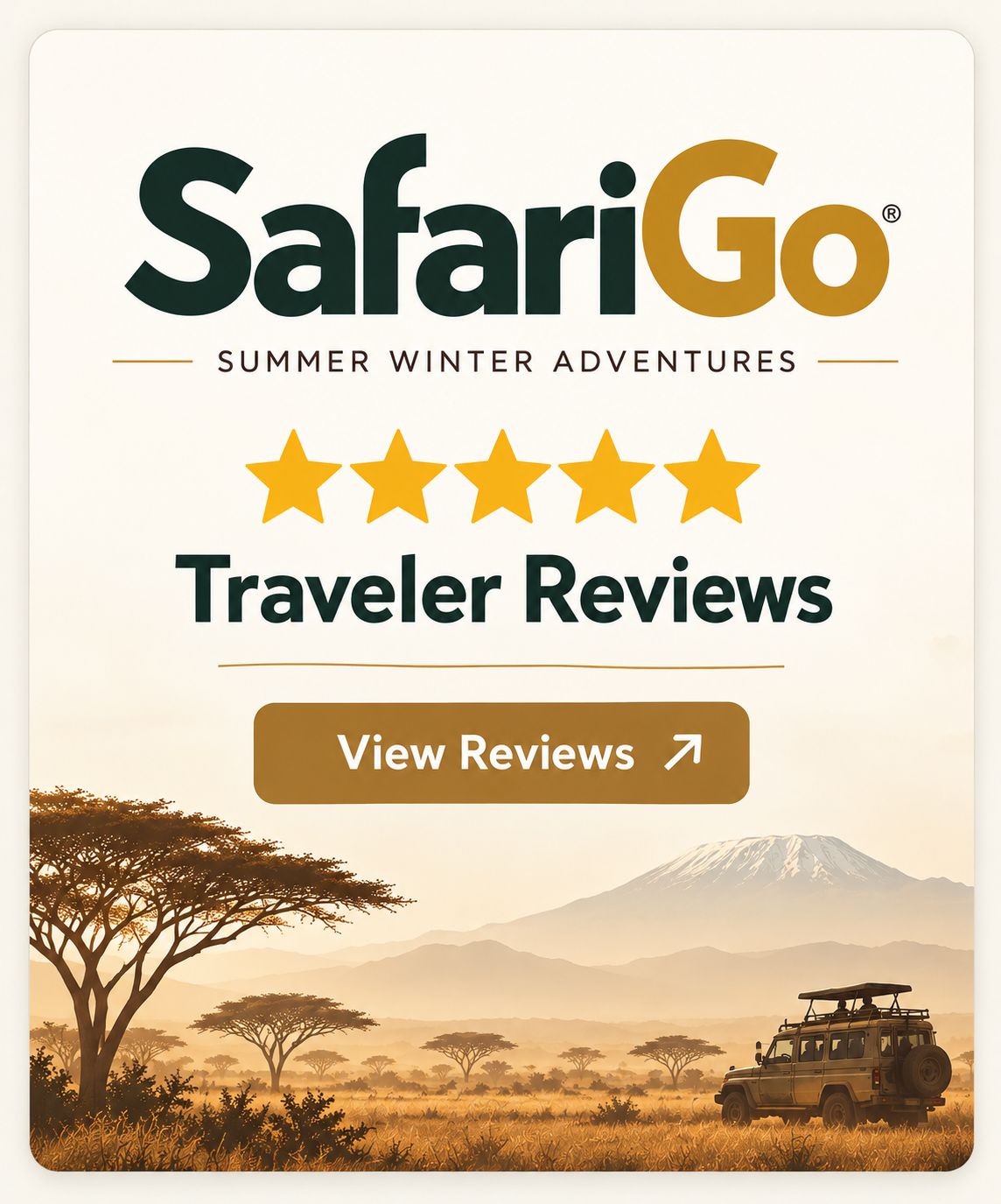 SafariGo promotional traveller review card for Summer Winter Adventures